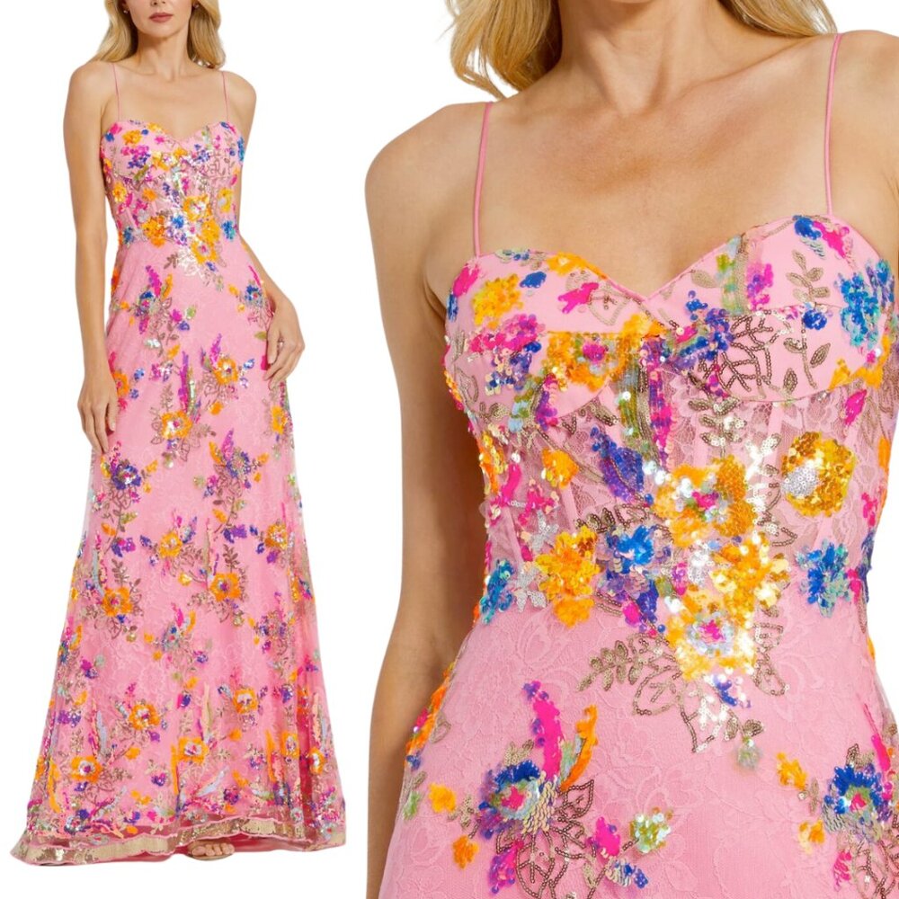 Mac Duggal 68508‎ Size 8 Pink Blue Gold Floral Sequin Lace Gown Long Maxi Dress
